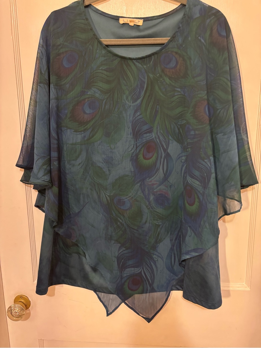 indigo soul Blue Green Peacock-Print Sheer Tunic